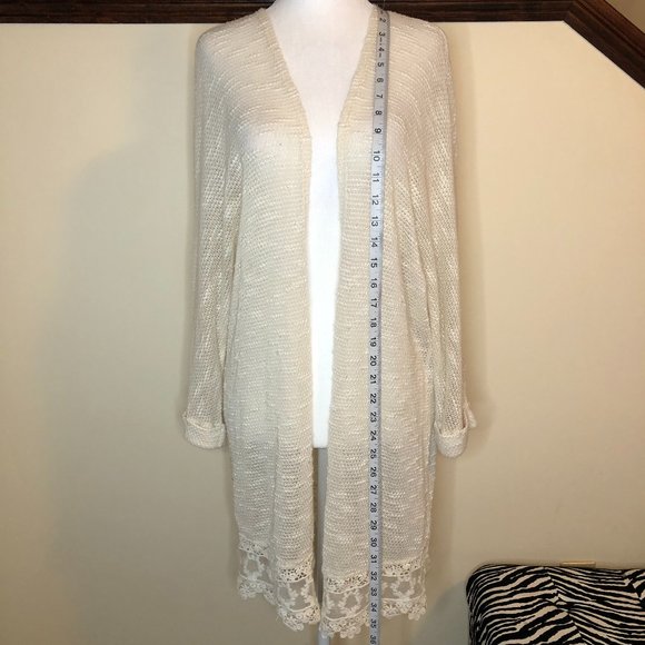 FOREVER 21 Cream Coastal Lightweight Open Crochet Style Lacey Longline Cardigan - Picture 9 of 12